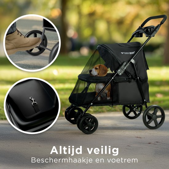 Trevopet® Dog Buggy Collapsible - Poussette - Buggy pour chiens de petite et moyenne taille jusqu'à 15 kg - Résistant à l'eau avec porte-gobelet - Noir