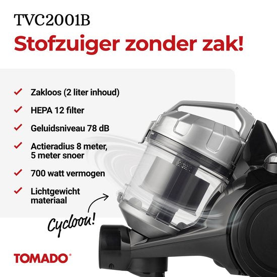 Tomado TVC2001B - Aspirateur sans sac - 2 litres - Sans sac - Filtre HEPA 12 - Léger - Noir