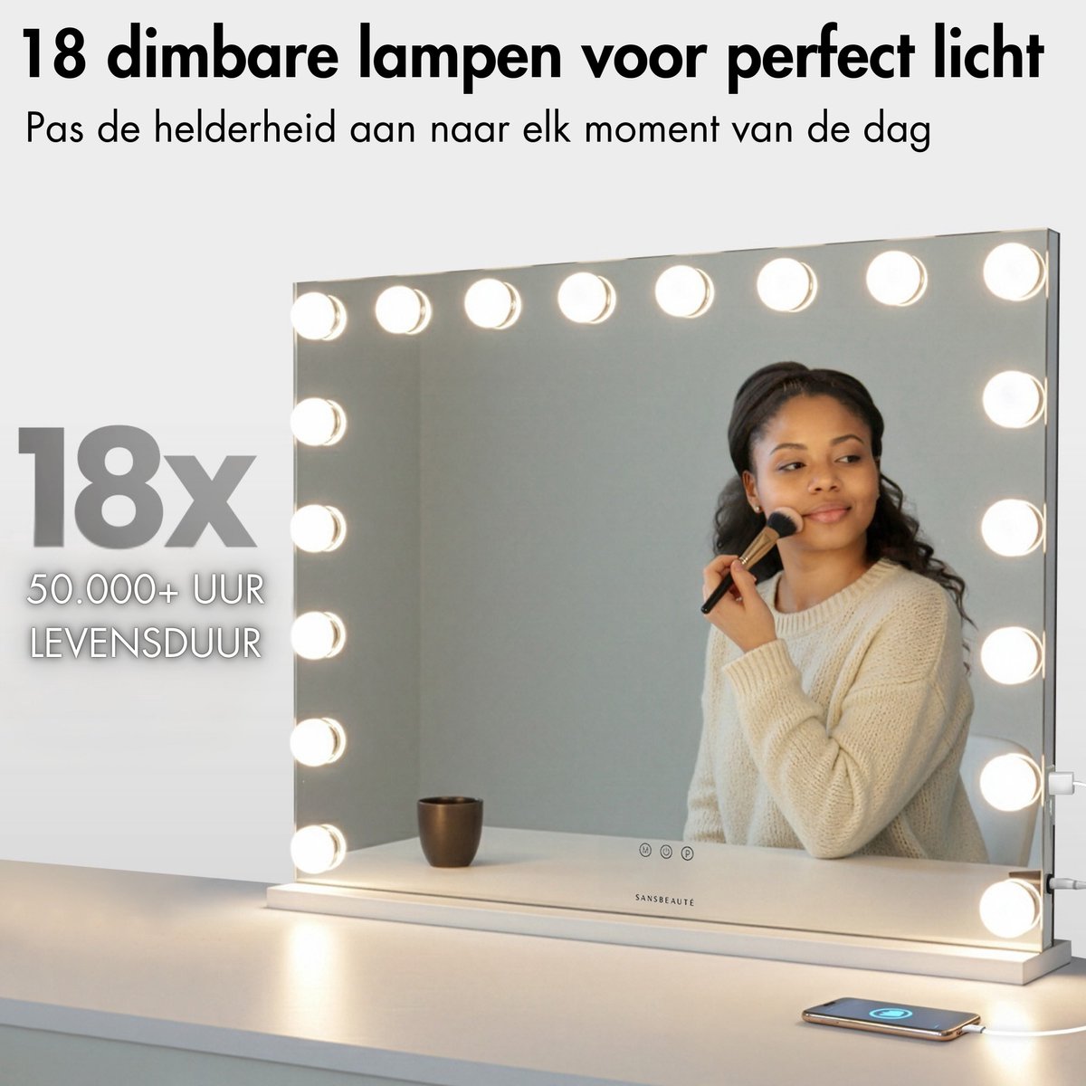 Sansbeauté® Hollywood Mirror 80x62.5 cm - Miroir de maquillage - 18 lampes LED - grossissement 10x - dimmable - port de charge USB - Touch Control - blanc