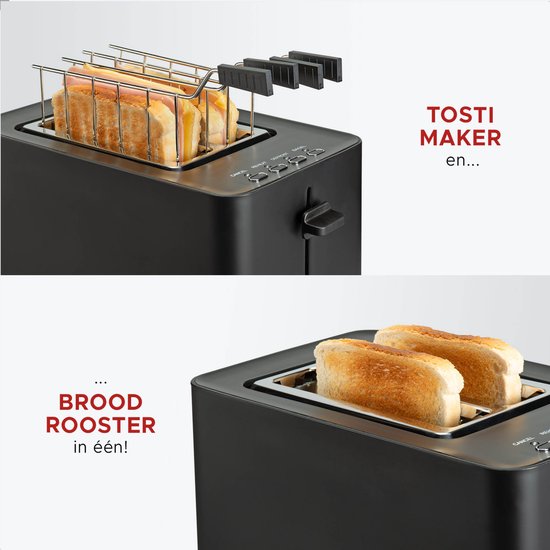 Grille-pain Bourgini Tosti avec fonction bagel - Grille-pain avec pinces à sandwich - Noir - Finition mate - Fente extra-large pouvant accueillir 2 sandwichs