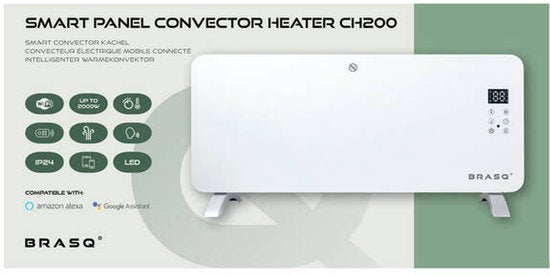 BRASQ Smart Convector Heater White - Chauffage électrique - Chauffage avec WiFi jusqu'à 2000 Watts - 2 réglages - Résistant à l'eau - jusqu'à 20M2