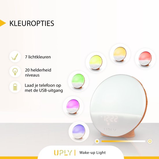 UPLY Wake Up Light - Avec point de chargement USB - Réveil lumineux - Réveil radio - 2 heures d'alarme - 7 couleurs