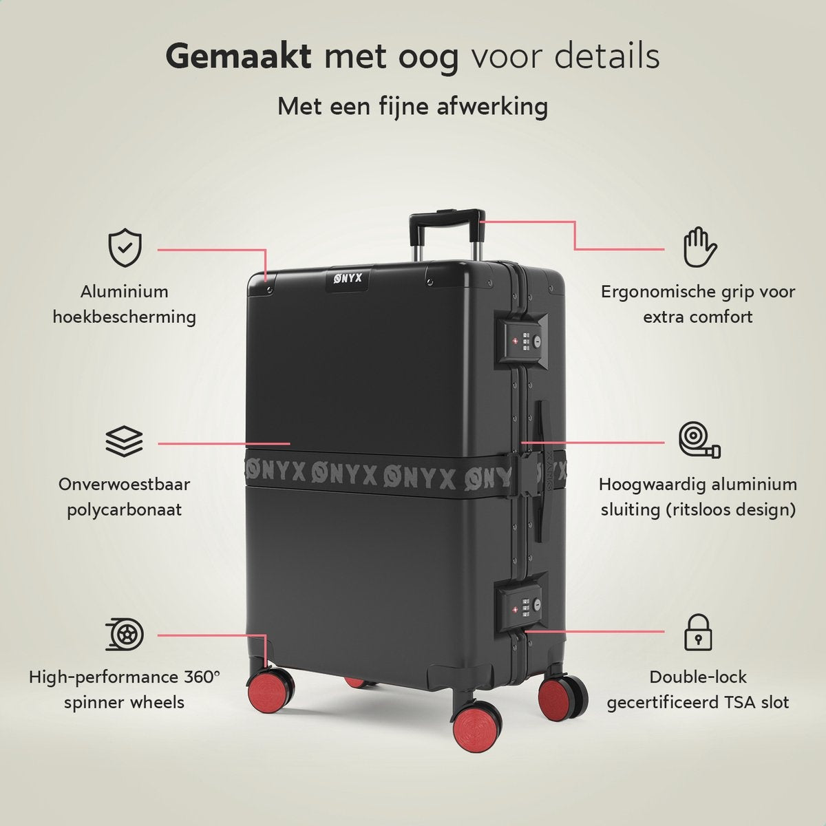 ONYX® Check-in Suitcase 65L - TSA Lock - Spinner Wheels - Lightweight Trolley - Aluminium Closure - Black