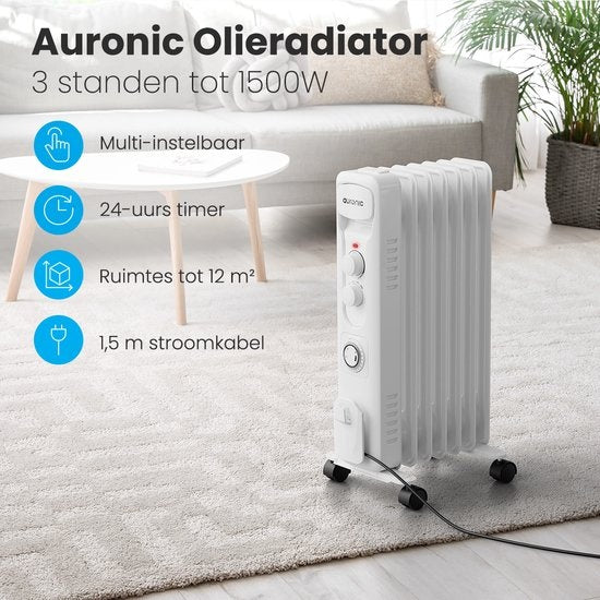 Auronic Radiateur à Huile - Chauffage Électrique avec Thermostat et Minuterie - Puissance Réglable jusqu'à 1500W - Blanc