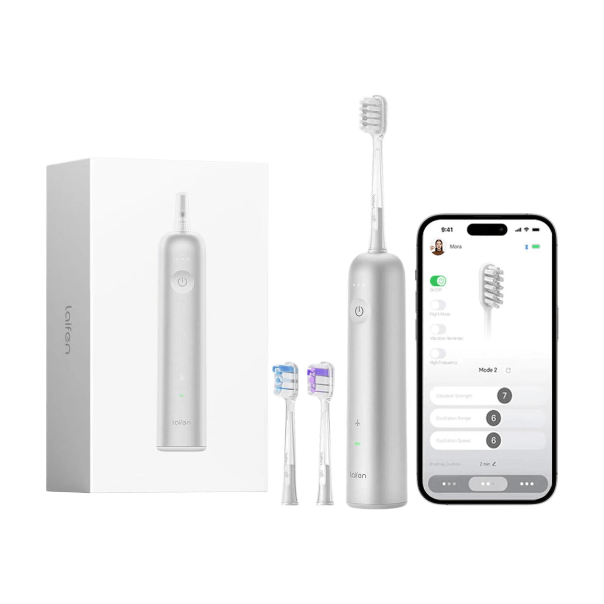 Brosse à dents électrique Laifen Wave - Oscillante et sonique tout en un - 3 embouts - Étanche IPX7 - Aluminium blanc