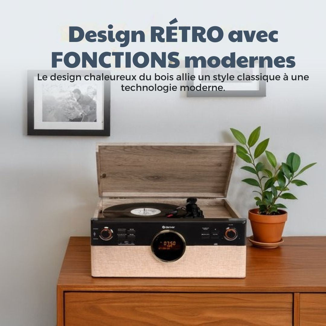 Platine vinyle rétro - Denver - Radio - CD - Cassette - Bluetooth - Auto stop - MRD180 - Bois