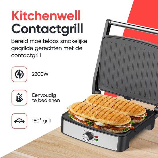 Kitchenwell Gril de contact - Appareil à griller - Appareil à toaster - Antiadhésif - Gril 3-en-1 -180 °C