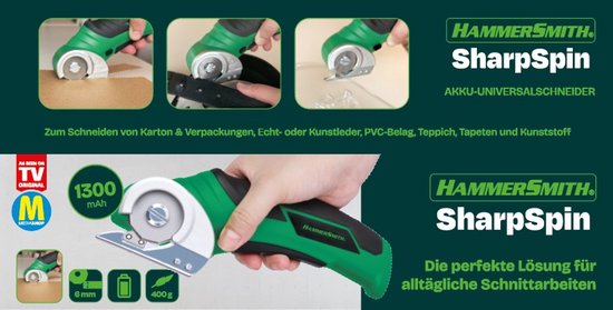 Hammersmith SharpSpin - Cutter universel sans fil - Ciseaux électriques - Cutter à carton - Cutter à lame rotative - Ciseaux à batterie - Coupe le cuir, le PVC, la moquette, le carton et bien plus encore