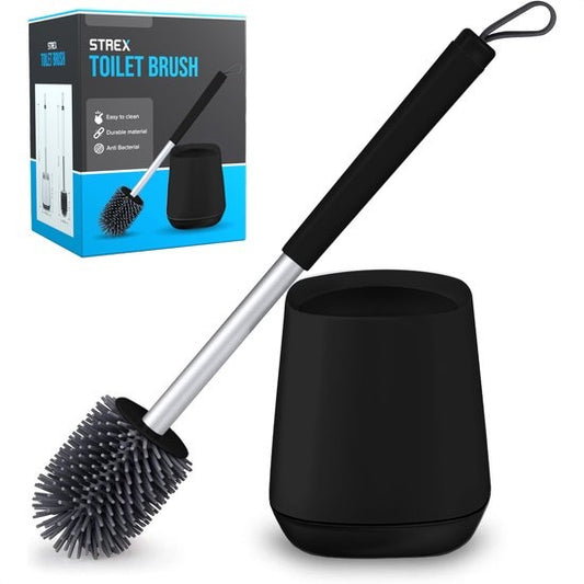 Strex Brosse de Toilette en Silicone avec Support Noir - Séchage Rapide, Hygiénique & Antibactérien - Brosse WC - Porte-Brosse de Toilettes