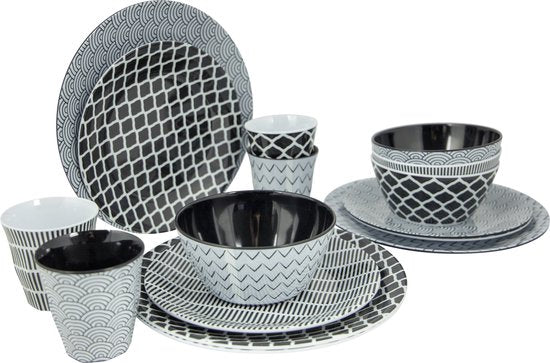 Bo-Camp - Vaisselle - Mix & Match - 16 pièces - Noir/Blanc