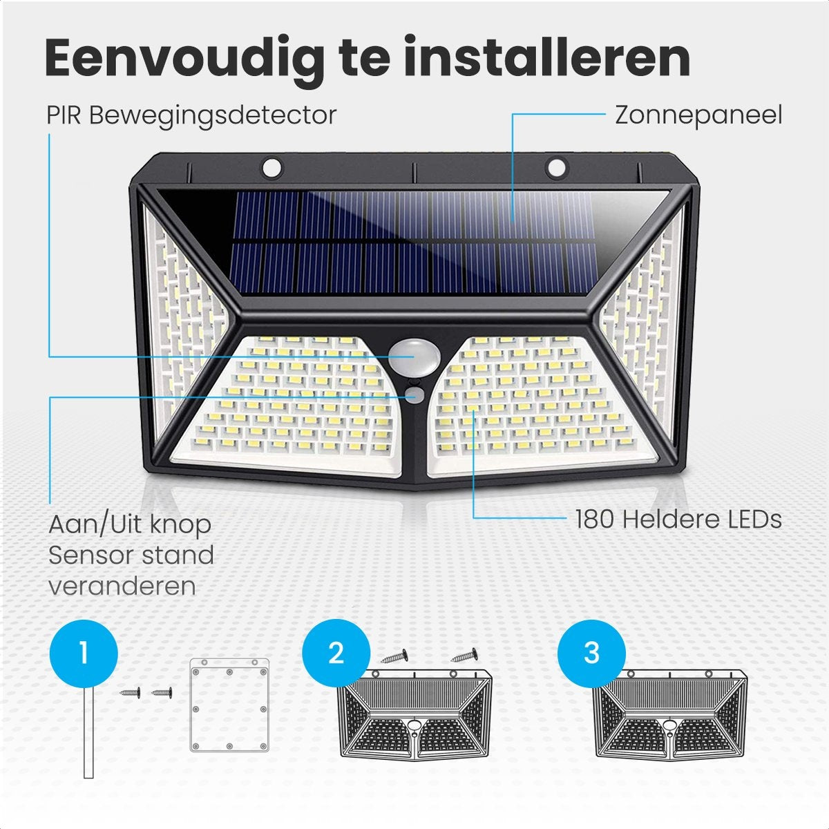 Auronic Lampe solaire d'extérieur avec détecteur de mouvement - Applique murale avec détecteur - Solaire - 180 LEDs - IP65 - Noir