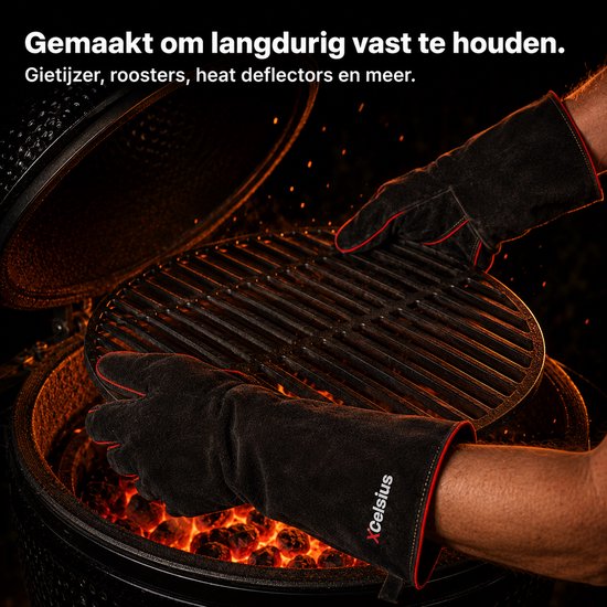 Gants de barbecue XCelsius® en cuir refendu – Certifiés TÜV EN407 – Gants de barbecue et de four résistants à la chaleur – Pour kamado, fonte, grilles et déflecteurs de chaleur – Cadeaux pour hommes – 1 paire – Noir et rouge