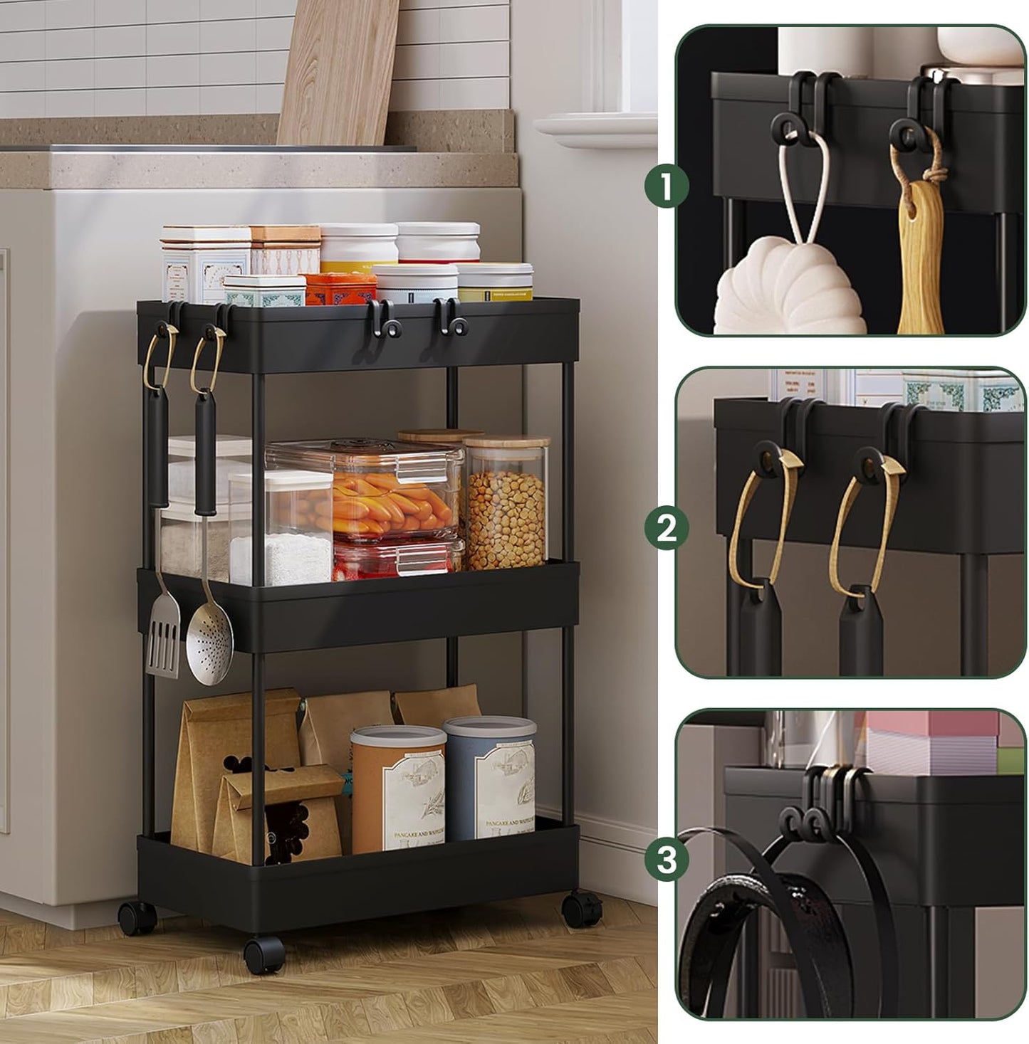 Chariot de rangement Klihome à 3 étages - 39 x 20,5 x 58,5 cm - Mobile - Jusqu'à 15 kg