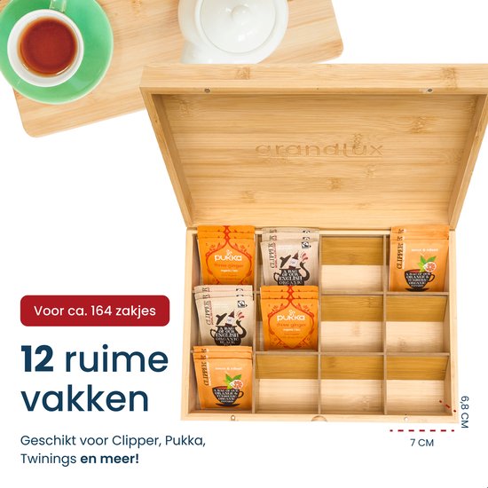 Boîte à thé Grandlux à 12 compartiments – Compartiments spacieux pour Pickwick, Pukka, Twinings, Clipper – 100 % bambou – Rangement pour thé