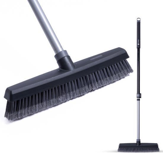 CLEANLY Balai intérieur et extérieur avec manche télescopique 115-142 cm - Brosse avec manche - Balai de rue - Balai de salle - Balai de salle - Balai doux - Balai d'intérieur - Largeur 35 cm - Noir, Gris
