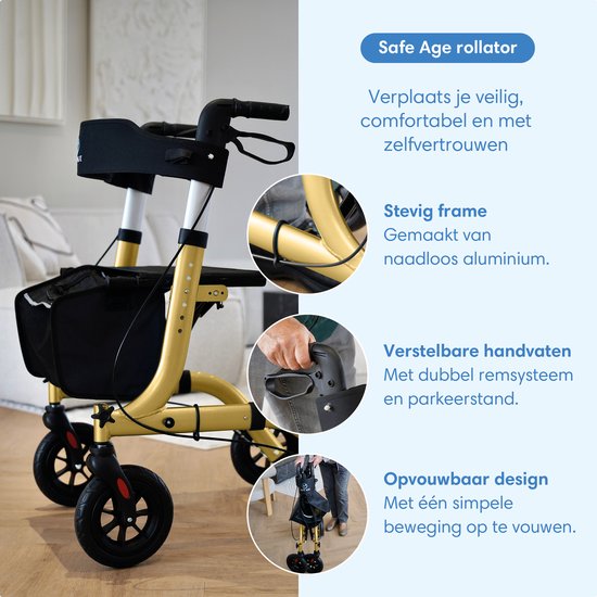 Safe Life® Rollator léger et pliable - fonction assise - intérieur et extérieur - dossier et support pour canne - Or