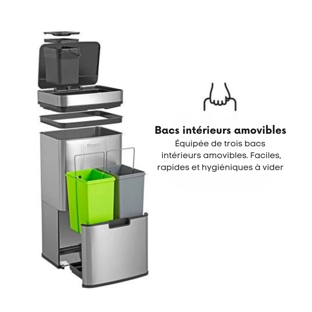 Poubelle de tri - Homra - 3 Compartiments (2x12L + 48L) - Poubelle à Capteur - Acier Inoxydable - Couvercle  Automatique - Argenté