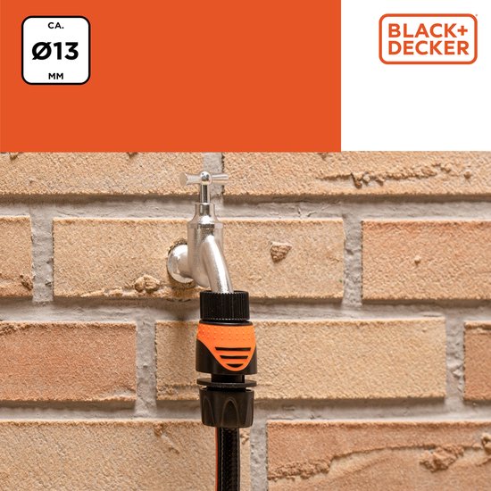 BLACK+DECKER Coupleur de tuyau d'arrosage 1/2'' - Tuyaux d'arrosage ⌀13mm - Plastique - Noir/ Orange