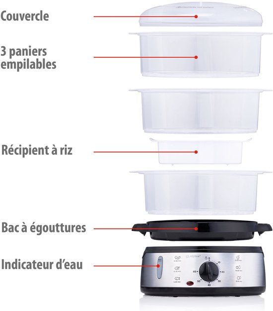 Cuiseur vapeur Alpina 9 L - Cuiseur vapeur 800 W - Cuiseur vapeur avec minuterie et fonction de maintien au chaud - Cuiseur vapeur à 3 niveaux - Cuiseur vapeur pour légumes, riz, poulet, fruits, poisson et œufs - Acier inoxydable