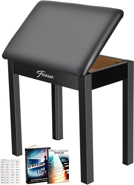 Finesse Tabouret de piano - avec rangement - Coussin souple - Banc de piano - Chaise de piano - Noir