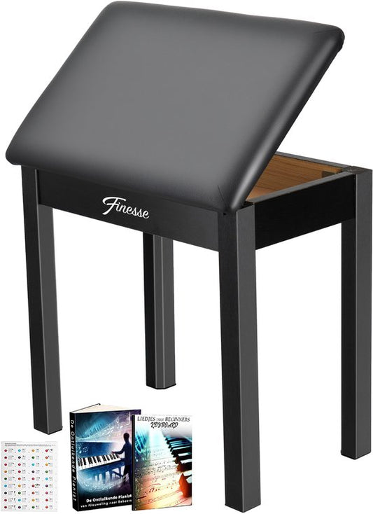 Finesse Tabouret de piano - avec rangement - Coussin souple - Banc de piano - Chaise de piano - Noir