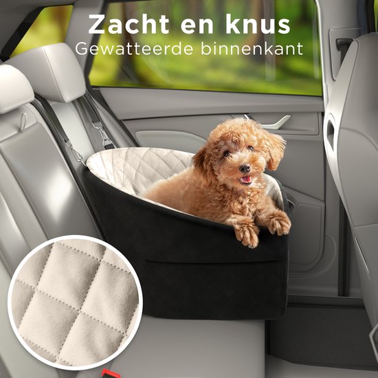 Siège auto pour chien CozySense® - Panier auto pour petit chien - Siège avant et arrière - Avec sangle de sécurité, compartiment de rangement et housse lavable - Noir/Beige