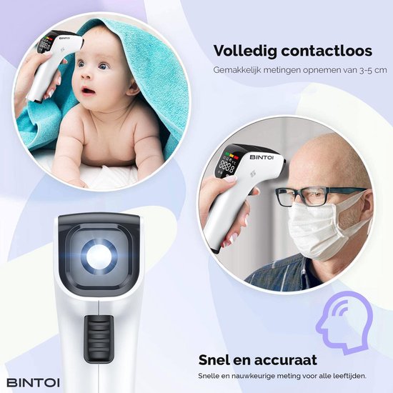 Bintoi® Thermomètre frontal - Thermomètre de corps - Thermomètre d'oreille - Thermomètre de fièvre pour adultes et bébés - Mesure instantanée en 1 seconde - Facile à lire dans l'obscurité - Piles incluses.