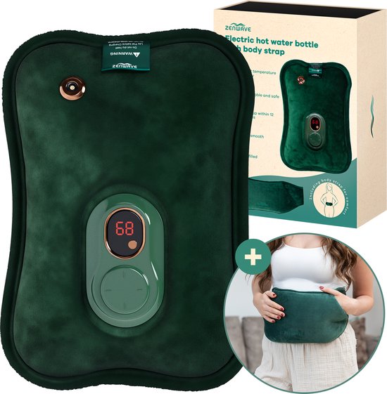 Bouillotte électrique Zenwave avec housse - Écran numérique - Bouillotte et bouillotte à eau avec chauffe-mains - Coussin chauffant rechargeable - Ceinture chauffante pour les règles - Durable et sans fil - Camping et plein air - Bouillotte verte
