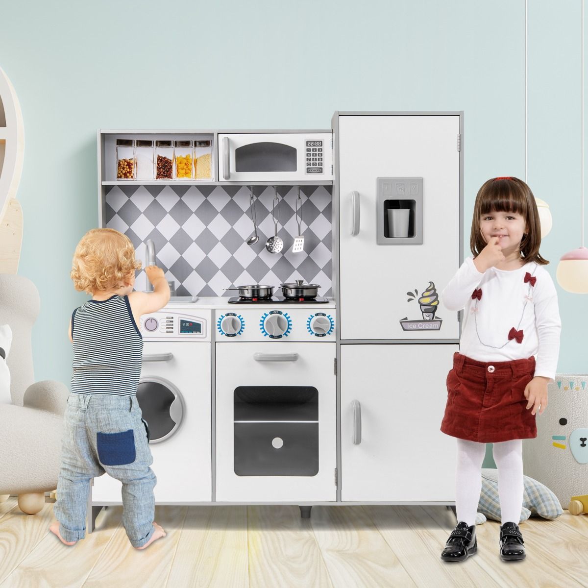 Coast - Wooden Play Kitchen XXL - Cuisinière avec son et lumière, machine à glaçons, machine à laver - 91 x 30 x 102 cm - MDF/Plastic - Blanc
