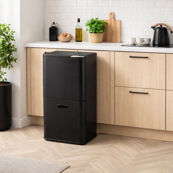 Bayt Trash Can 60 Liter - Poubelle 60 litres - Séparation des déchets - 2 compartiments - Acier inoxydable - Noir