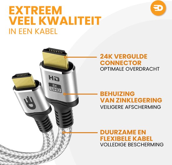 Câble HDMI 2.1 - Ultra HD High Speed - HDMI vers HDMI - Convient à Xbox Series X & PS5 - 1 mètre - Nylon - Blanc argenté