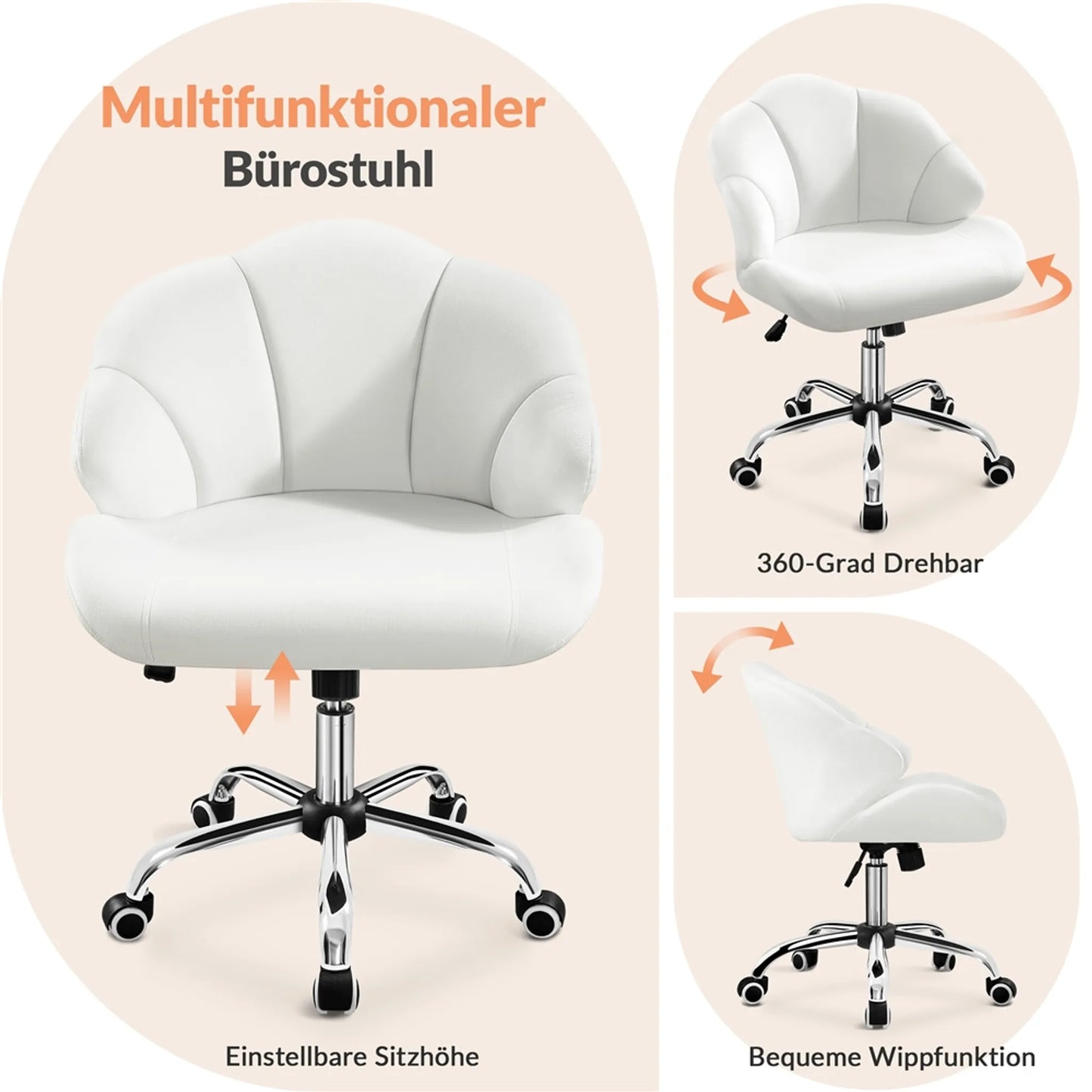 Yaheetech Chaise de bureau en forme de coquillage - avec fonction pivotante, hauteur réglable par vérin à gaz et dossier rembourré - pour le bureau à domicile et la chambre à coucher - polyester blanc et métal - 60 x 60 x 76,5-86 cm