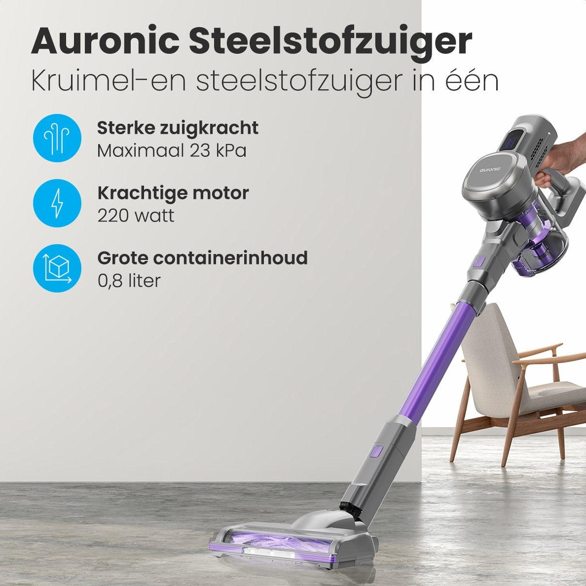 Auronic Stick hoover - Sans fil - Sans sac - Alimenté par batterie - Autonome - 220 W - Gris/Pourpre