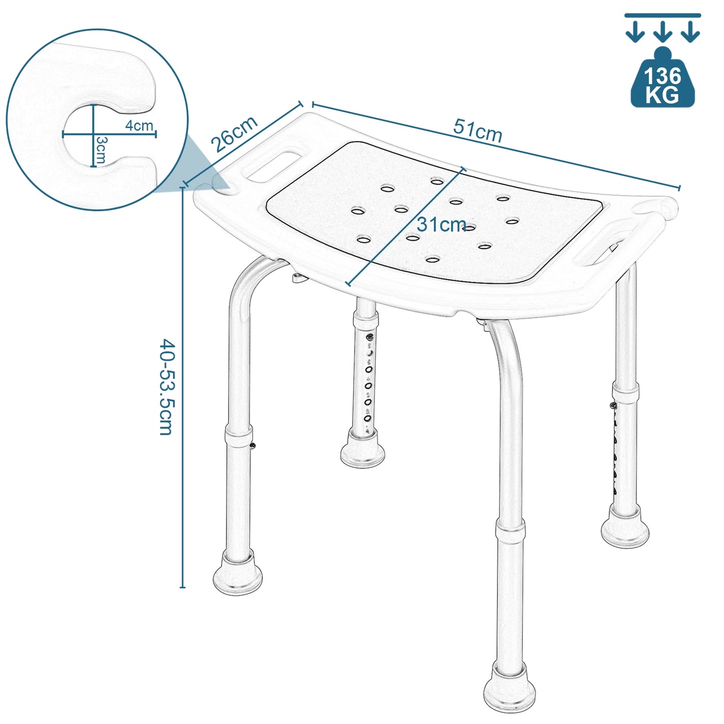 Tabouret de douche Eugad - Acier inoxydable - Poids max. 130 kg - 31 x 51 x 41 cm - Bleu/Blanc