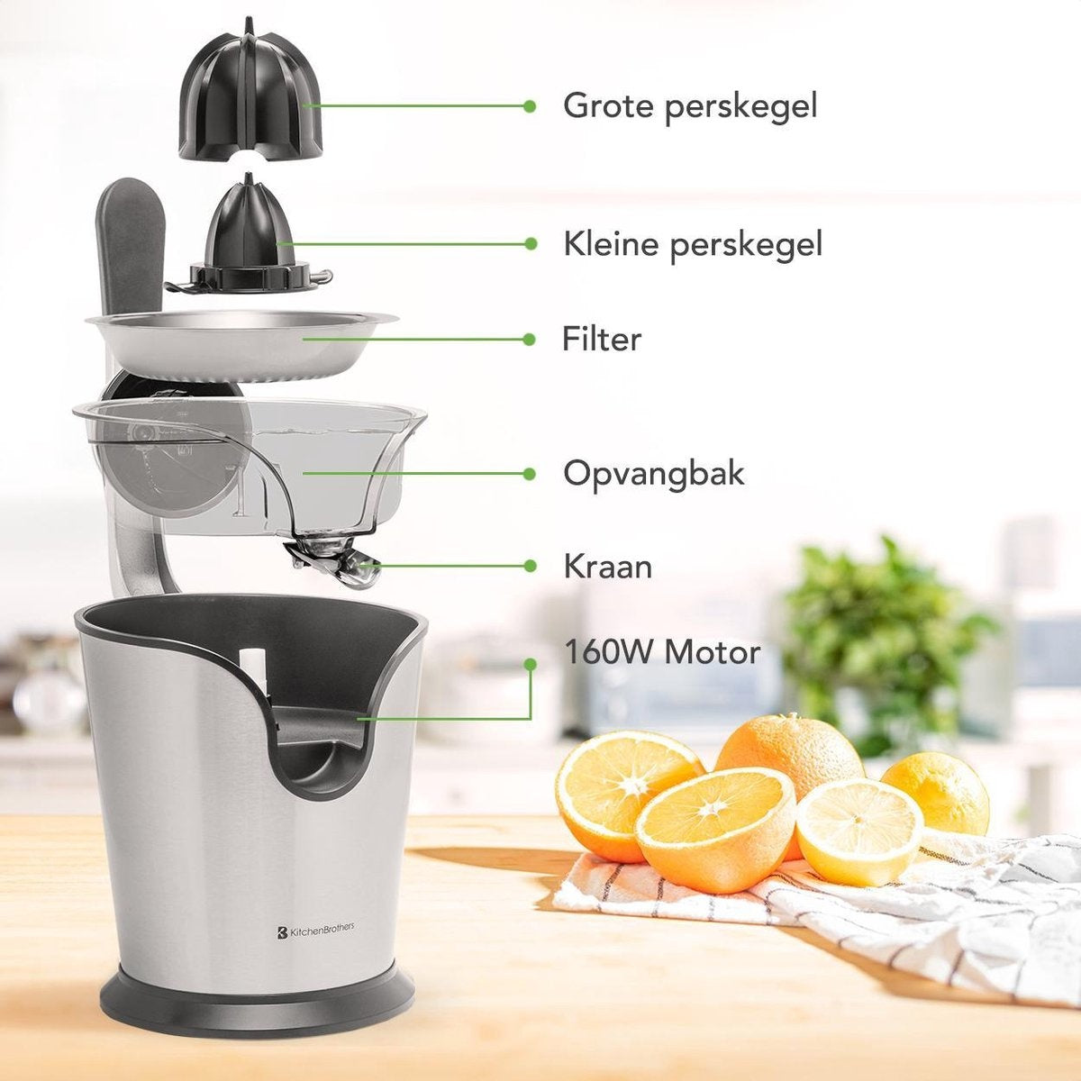 Presse-agrumes électrique - KitchenBrothers - Presse-orange et citron - 160W - acier inoxydable - Noir