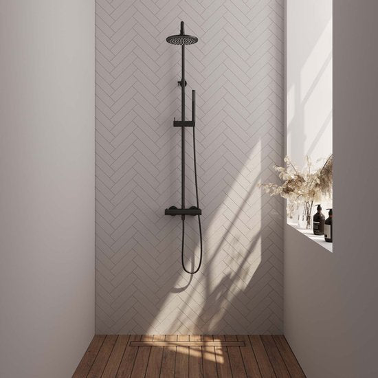 Ensemble de douche Brauer Built-up Round Black 20cm Mitigeur thermostatique Douche de pluie Support douche à main