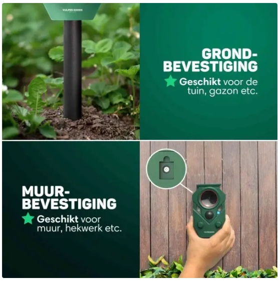 Vulpes Goods® - Cat Dispatcher Premium - 5 x 9 x 14 cm - 5 modes de fonctionnement, capteur PIR, flashs LED et énergie solaire - pour le jardin et le balcon - plastique vert