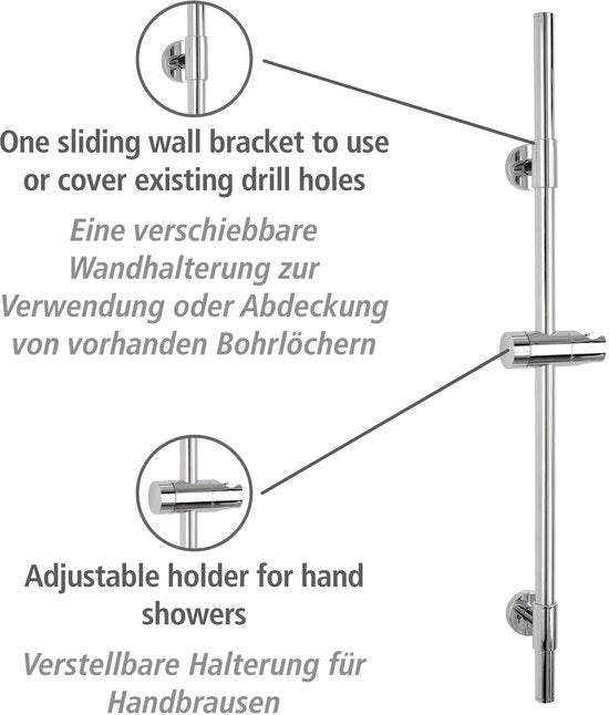 WENKO Barre de douche Basic en acier inoxydable chromé, longueur 66 cm, diamètre 19 mm, avec support de pomme de douche et 2 fixations murales - Barre de douche chromée