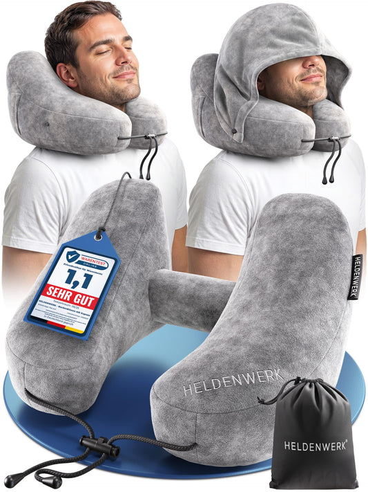 Oreiller cervical Heldenwerk Air - Gonflable - Capuche - 30 x 19 cm - Gris clair