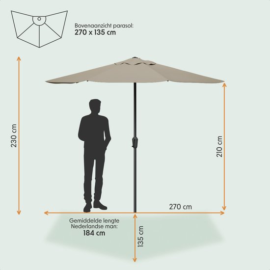 LifeGoods Parasol de balcon - Jardin - 270x135 cm - Parasol semi-circulaire - Imperméable - UPF50+ - Taupe