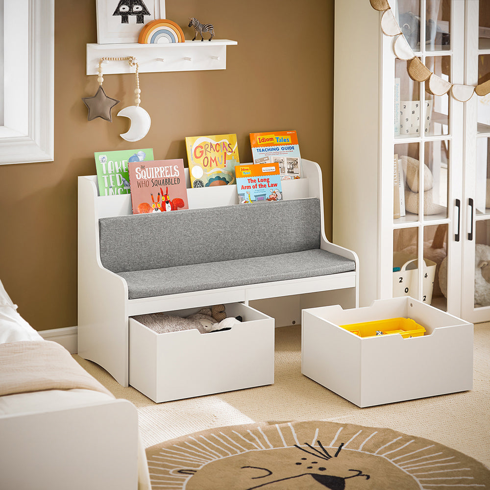 SoBuy Banc de rangement pour enfants avec bibliothèque - 2 Tiroirs - Max. 120 kg - 100 x 45 x 70 cm - Blanc / Gris