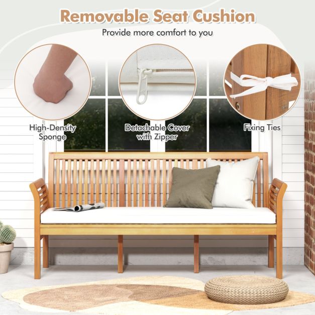 Banc de jardin Coast 3 places en bois d'acacia avec coussins – 159 x 59 x 77 cm – Naturel