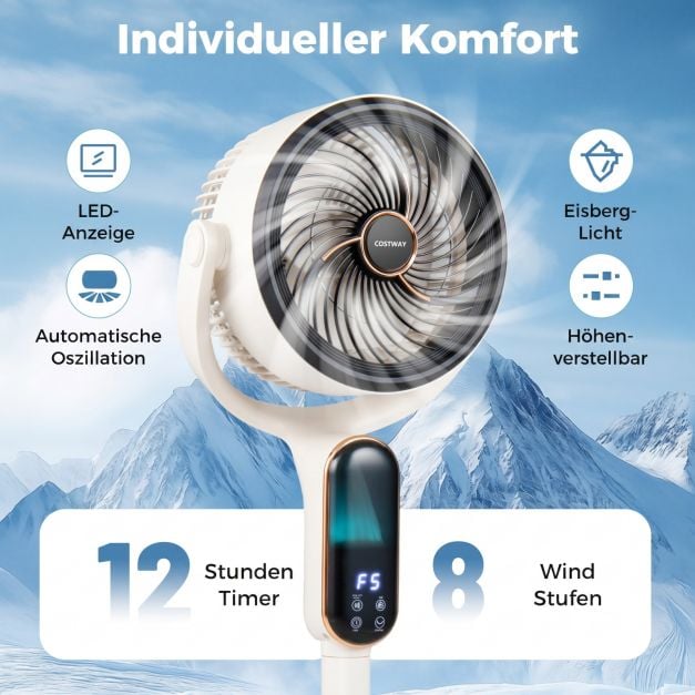 Ventilateur sur pied réglable Coast – 8 vitesses – 54-96 cm – Blanc