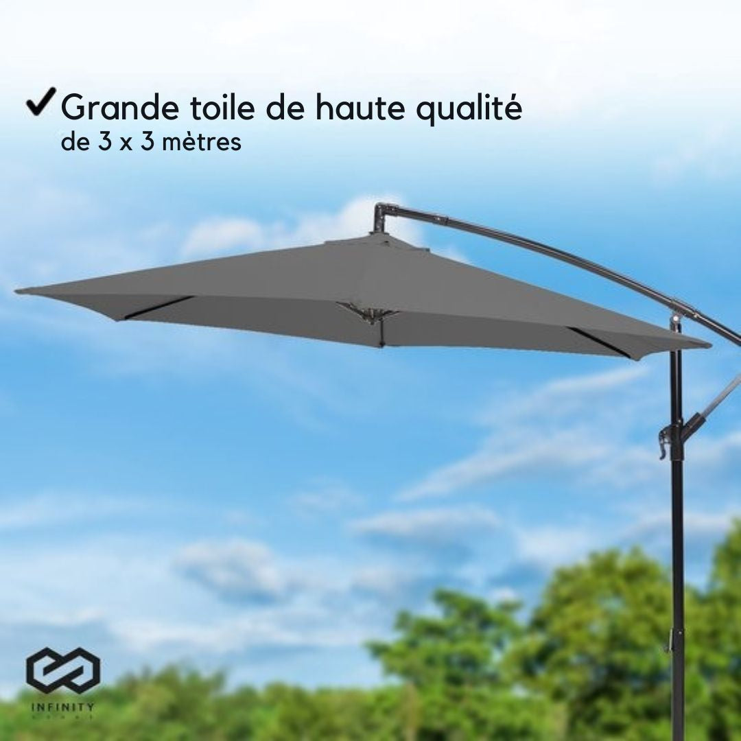 Parasol Infinity Goods - 300CM -Pied en croix inclus - Étanche - Pivotant et inclinable - Hauteur réglable - Anthracite - Gris