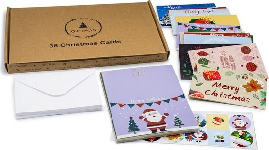 Giftmas Cartes de Noël - Cartes de vœux - 36 pièces - Avec enveloppes et autocollants - 10x15cm