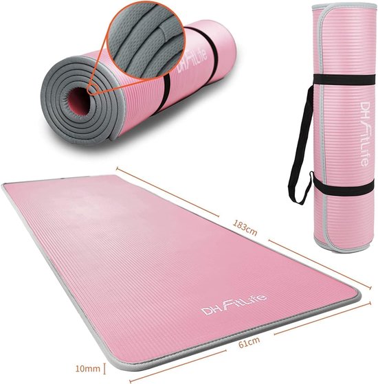 DH FitLife Tapis d'entraînement, tapis de fitness, tapis de sport, 183 x 61 x 1 cm, extra résistant à la déchirure, tapis de yoga, antidérapant et épais, tapis d'entraînement (rose)