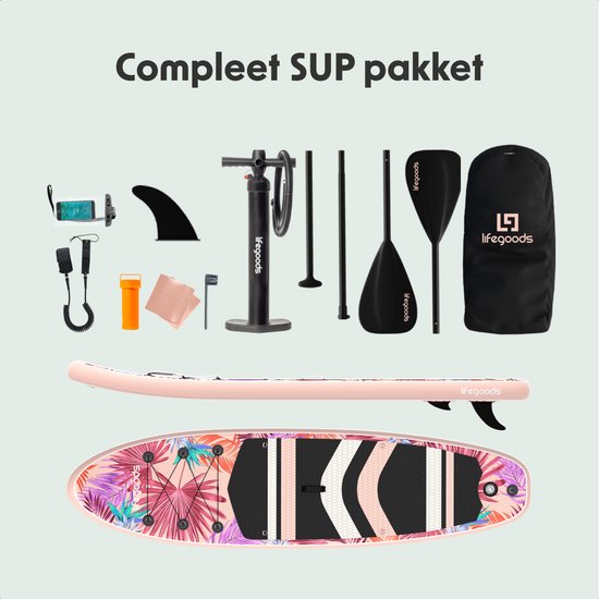 LifeGoods PaddlePro SUP Board - Planche à pagaie gonflable - Ensemble complet - Max. 150KG - 320x81cm - Tropical Pink