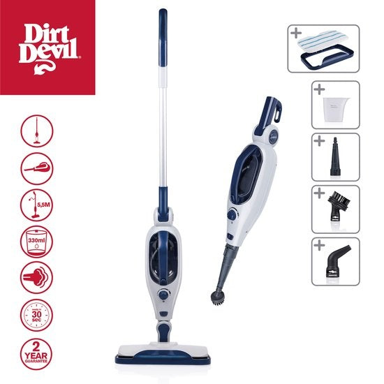 Balai vapeur - Dirt Devil - Nettoyeur vapeur - 1300W - Incl. 4 accessoires - Multi surfaces - Bleu/Blanc