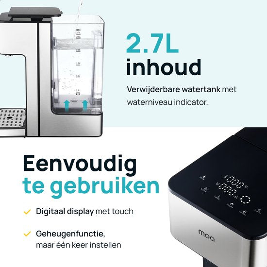 MOA Distributeur d'eau chaude 2.7L avec contrôle de la température - 45-100°C - Robinet d'eau chaude - Fonction lait - Chauffe-eau instantané - Sans BPA - acier inoxydable - Silver