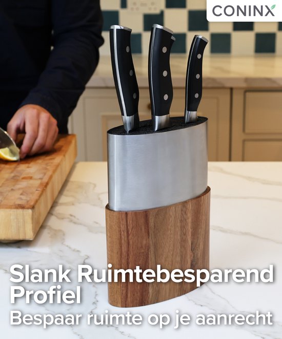 Bloc à couteaux Coninx Saporo - Porte-couteaux universel en bois et acier inoxydable - Support à couteaux sans couteaux - Porte-couteaux de cuisine en bois d'acacia
